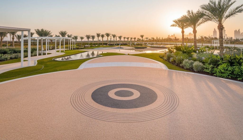 Paved area with circular design leading to a scenic landscape with palm trees and a sunset.